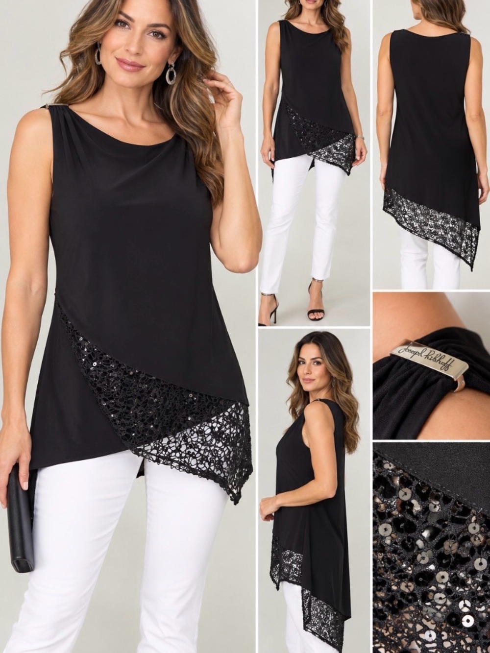 Joseph Ribkoff Black Sequin Lace Asymmetrical Tunic Top